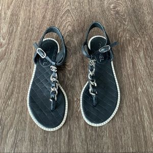 CHANEL Chain Sandals T-Strap CC Logo in Black and Silver Size 36